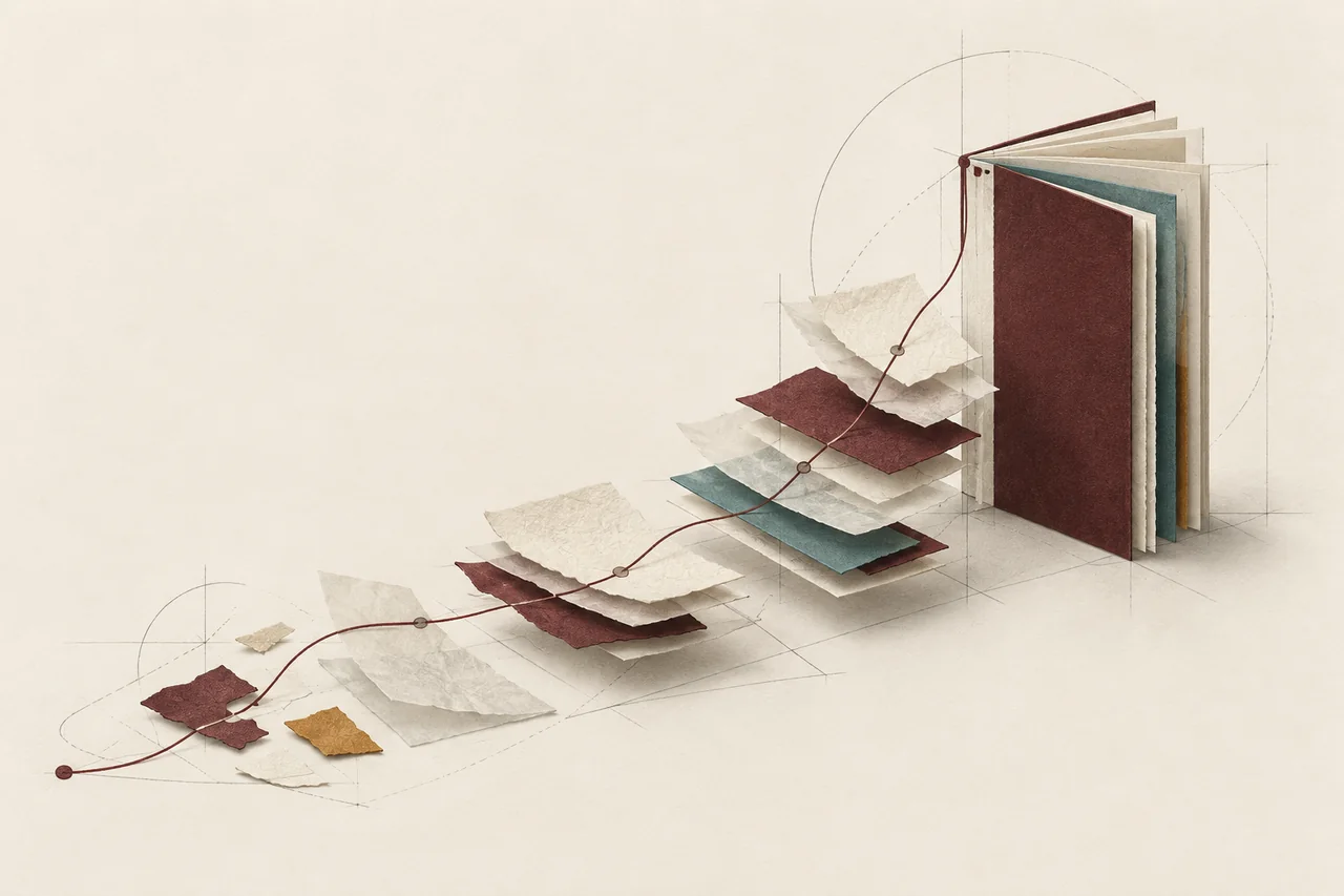 Original editorial illustration of paper fragments forming a coherent structure