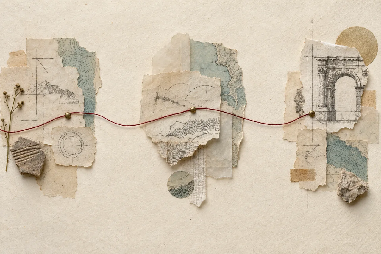 Archival fragments and map studies connected by a fine thread