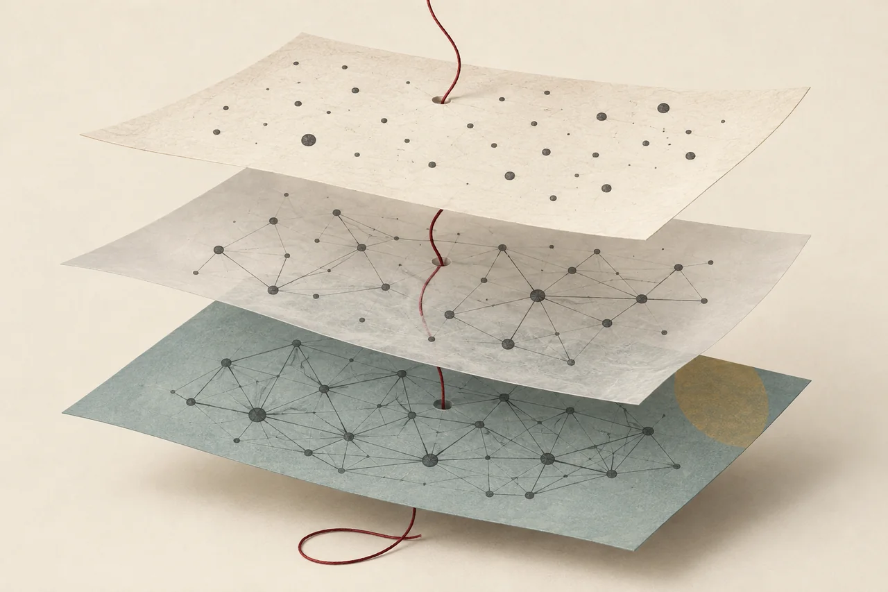 Original editorial illustration of paper planes connected by a line of inquiry