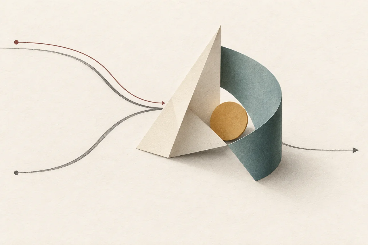 Original editorial illustration of two paths meeting in a geometric construction