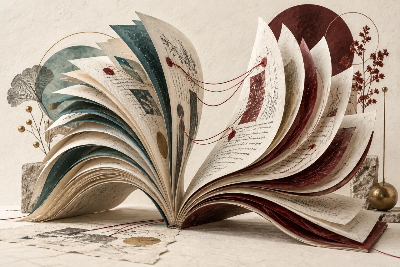 Open paper pages connected by fine annotation threads