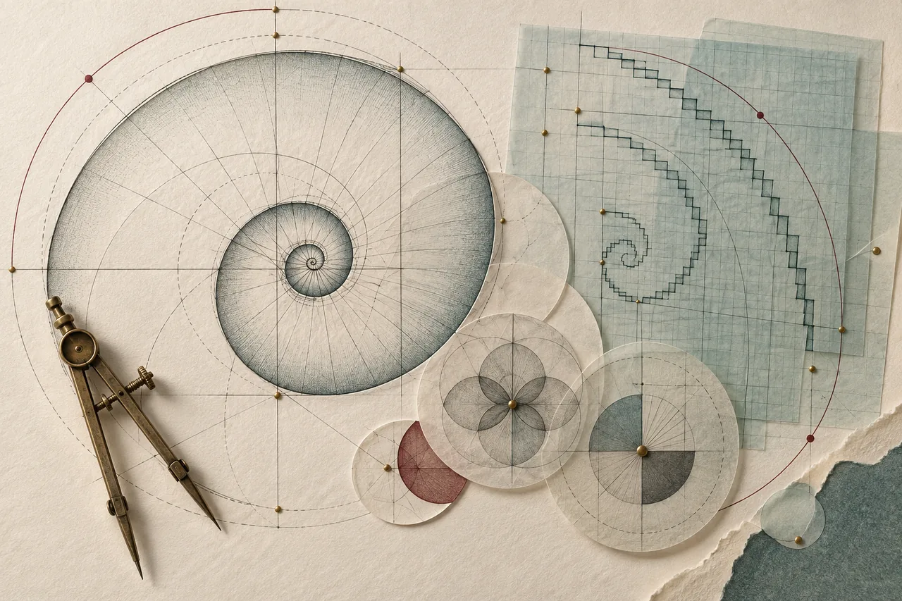 Compass constructions, spirals and step-turn curves on translucent graph paper