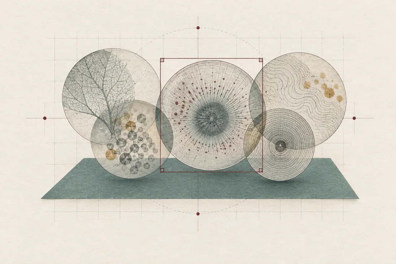 Original editorial illustration of a focused observation within overlapping forms