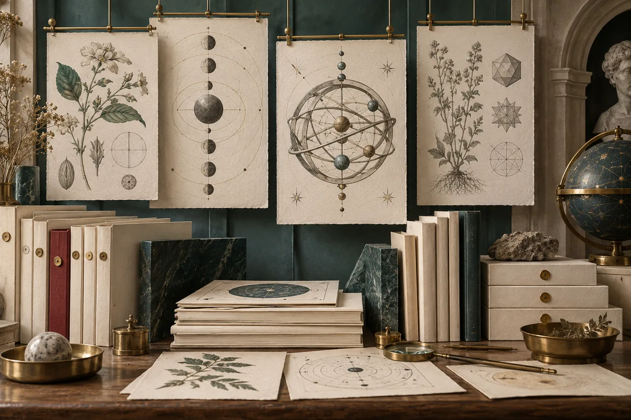 An academic archive of books and botanical, geometric and astronomical study plates