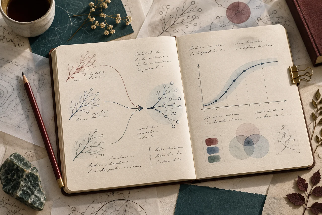 An illustrated research notebook connects branching ideas with a plotted curve and layered annotations.