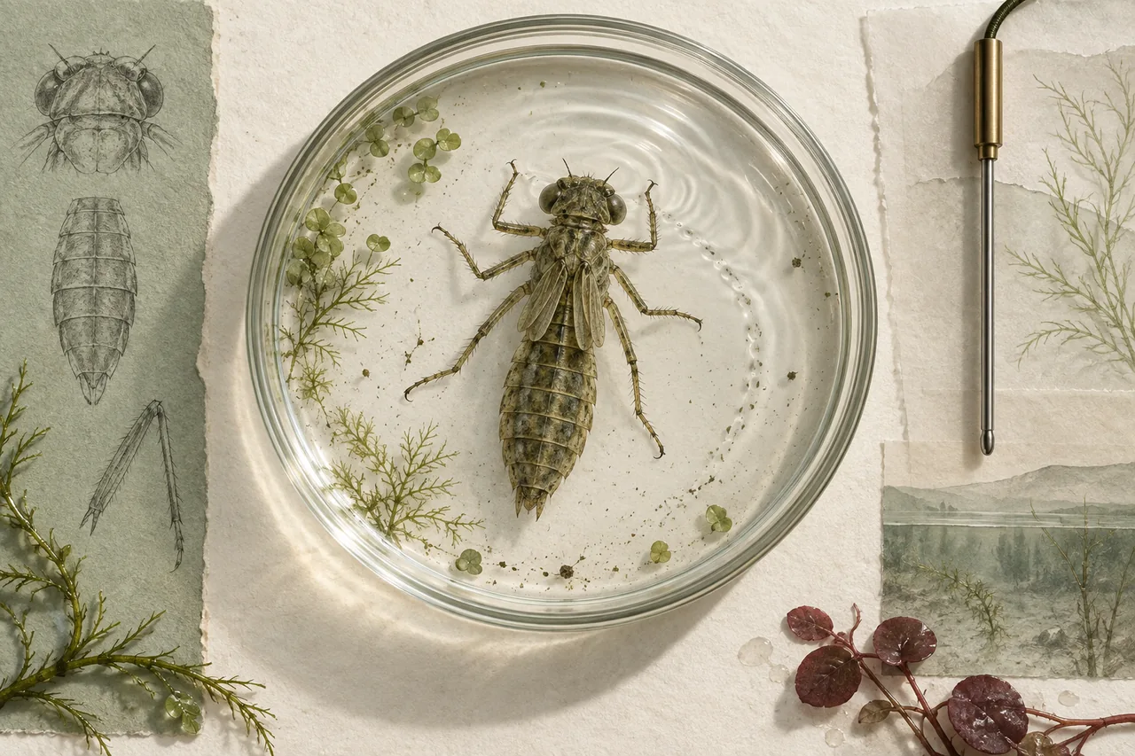 A detailed aquatic dragonfly nymph rests in a shallow observation dish beside an unmarked temperature probe.