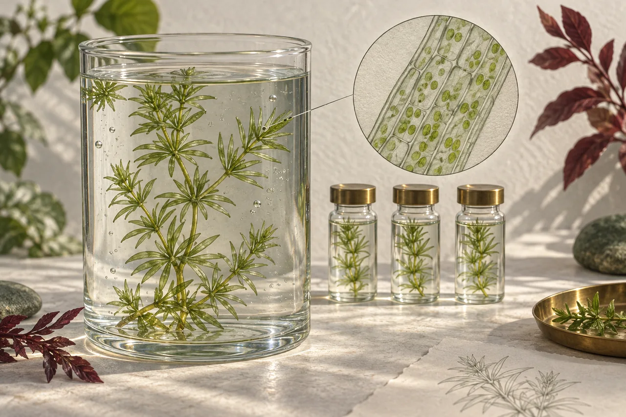 Submerged waterweed stands beside a magnified leaf-cell study and three unlabelled sample vials.