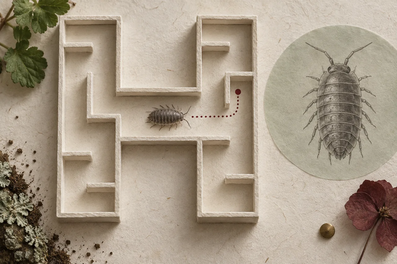 A woodlouse explores a raised H-shaped paper maze beside an enlarged segmented-body study.