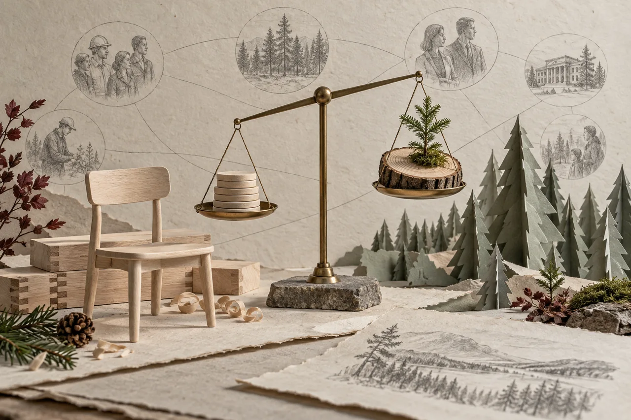 A timber chair, paper forest and brass balance represent forestry commitments and business pressures.