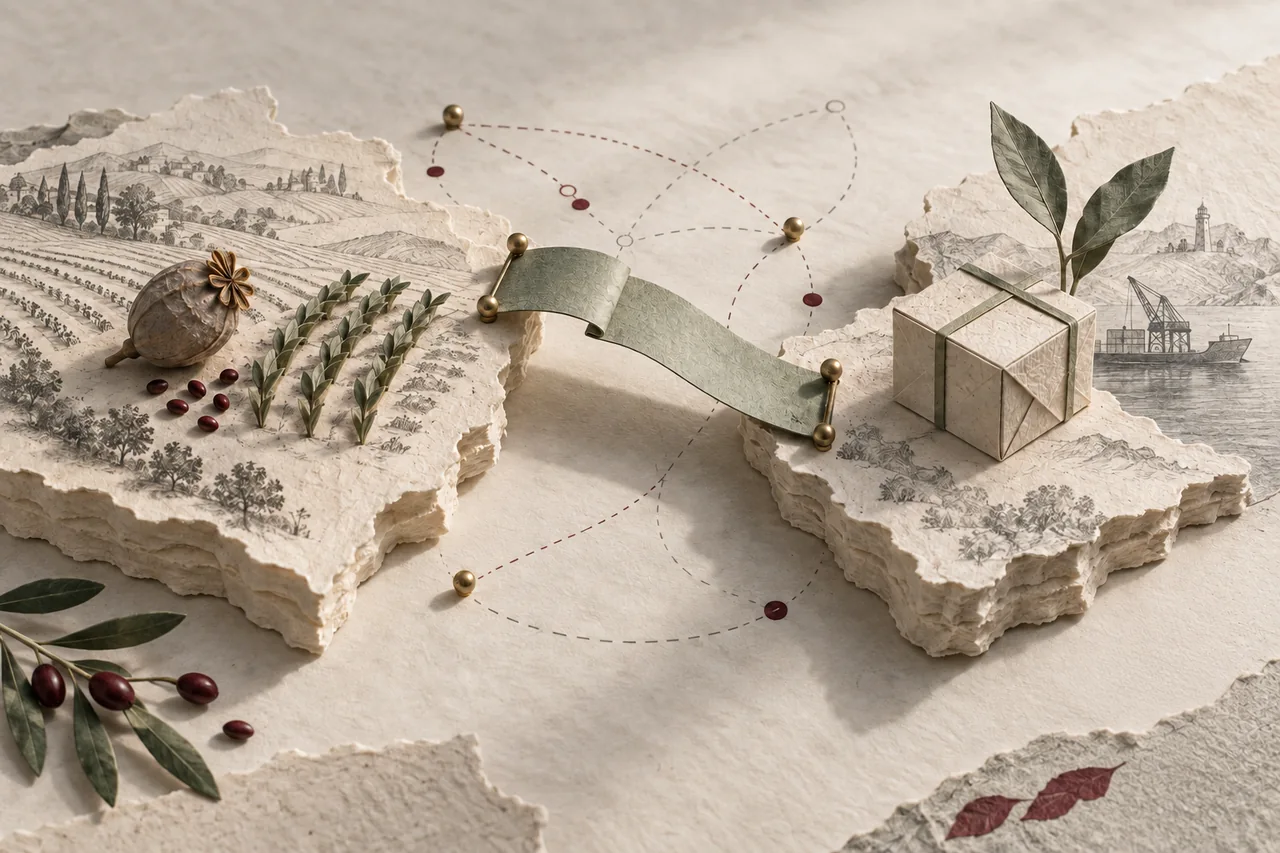 Paper agricultural landforms and a partly unfolded bridge suggest an overseas expansion decision.