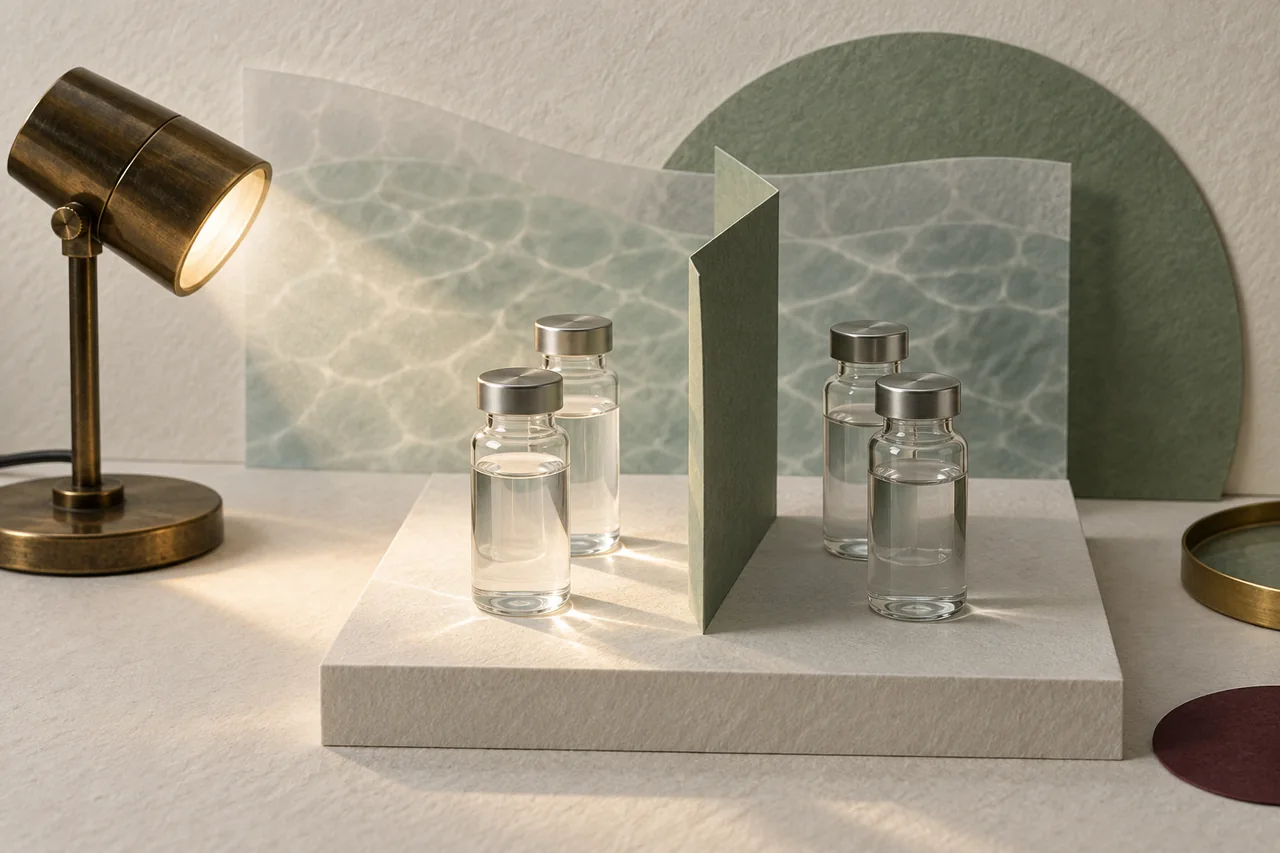Four clear water-sample vials sit beside a laboratory lamp and a folded shielding screen.