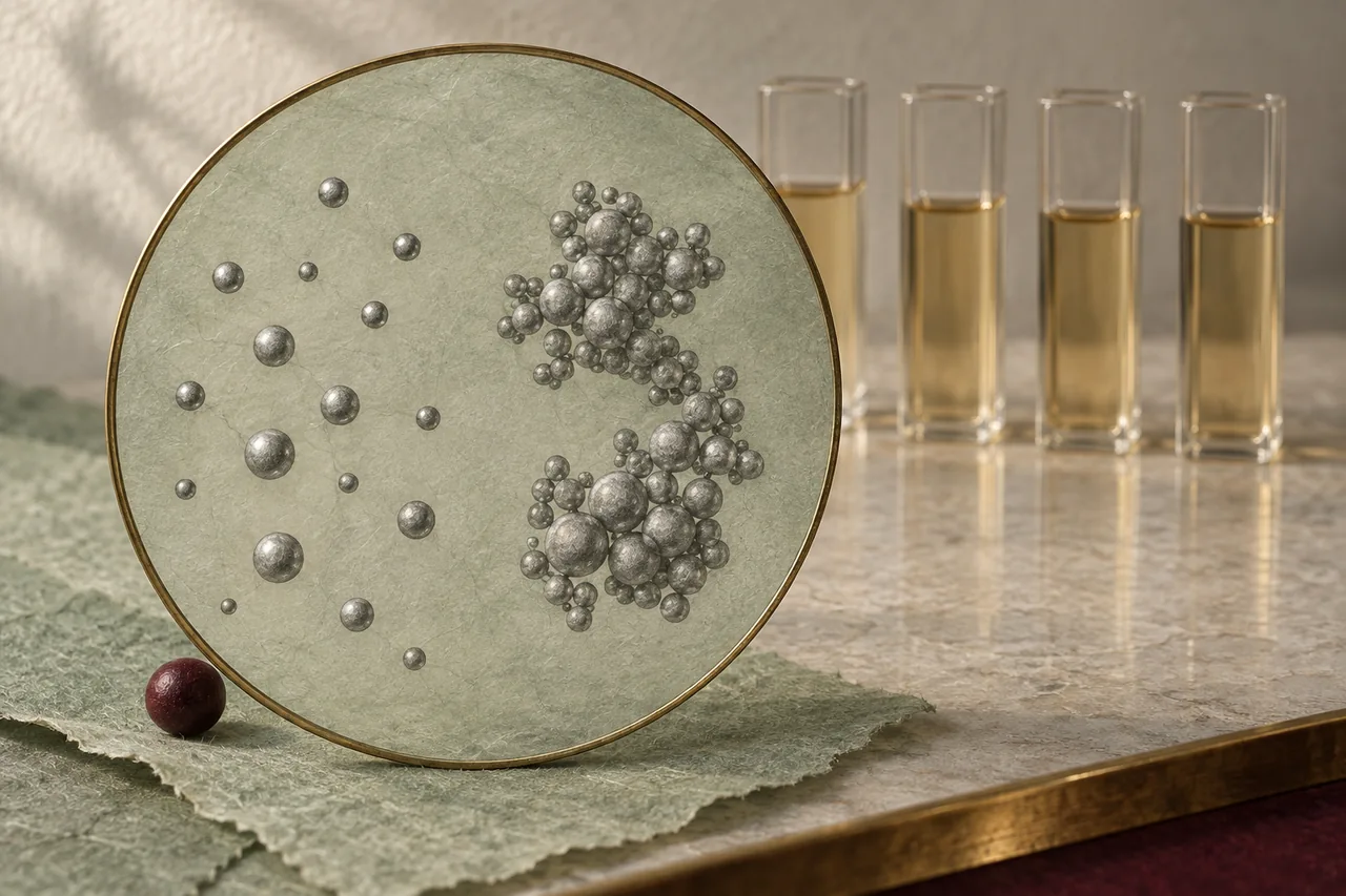 Silver-grey particles appear separately and in loose clusters above a row of glass sample cuvettes.