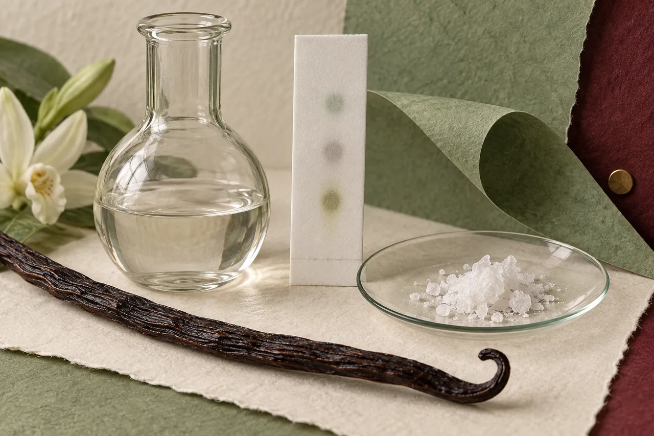 A reaction flask, unlabelled chromatography plate and a small dish of crystals sit beside a vanilla pod.