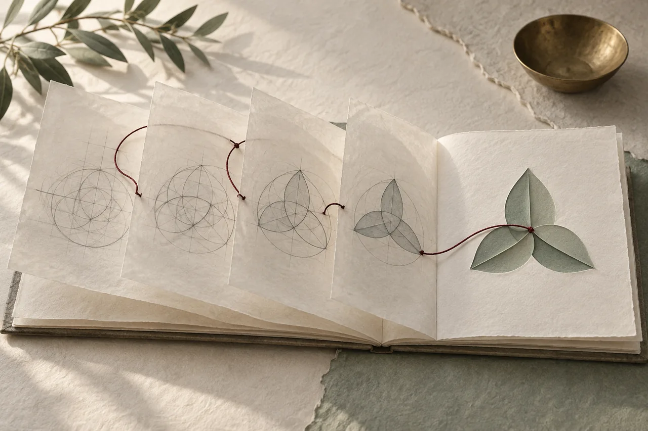 Translucent notebook layers trace an idea as it is reconsidered and refined.