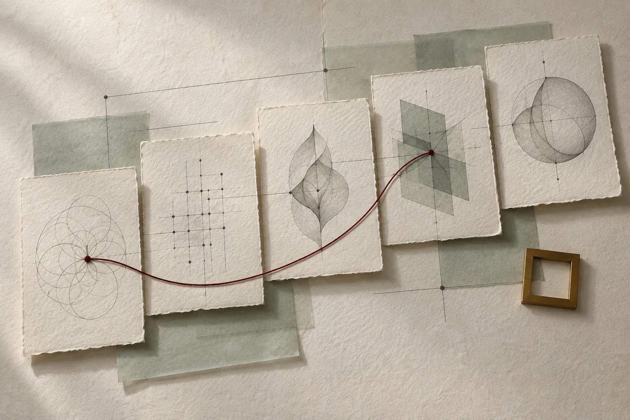 Sequential manuscript leaves and fine connecting lines reveal checks of structure and logic.