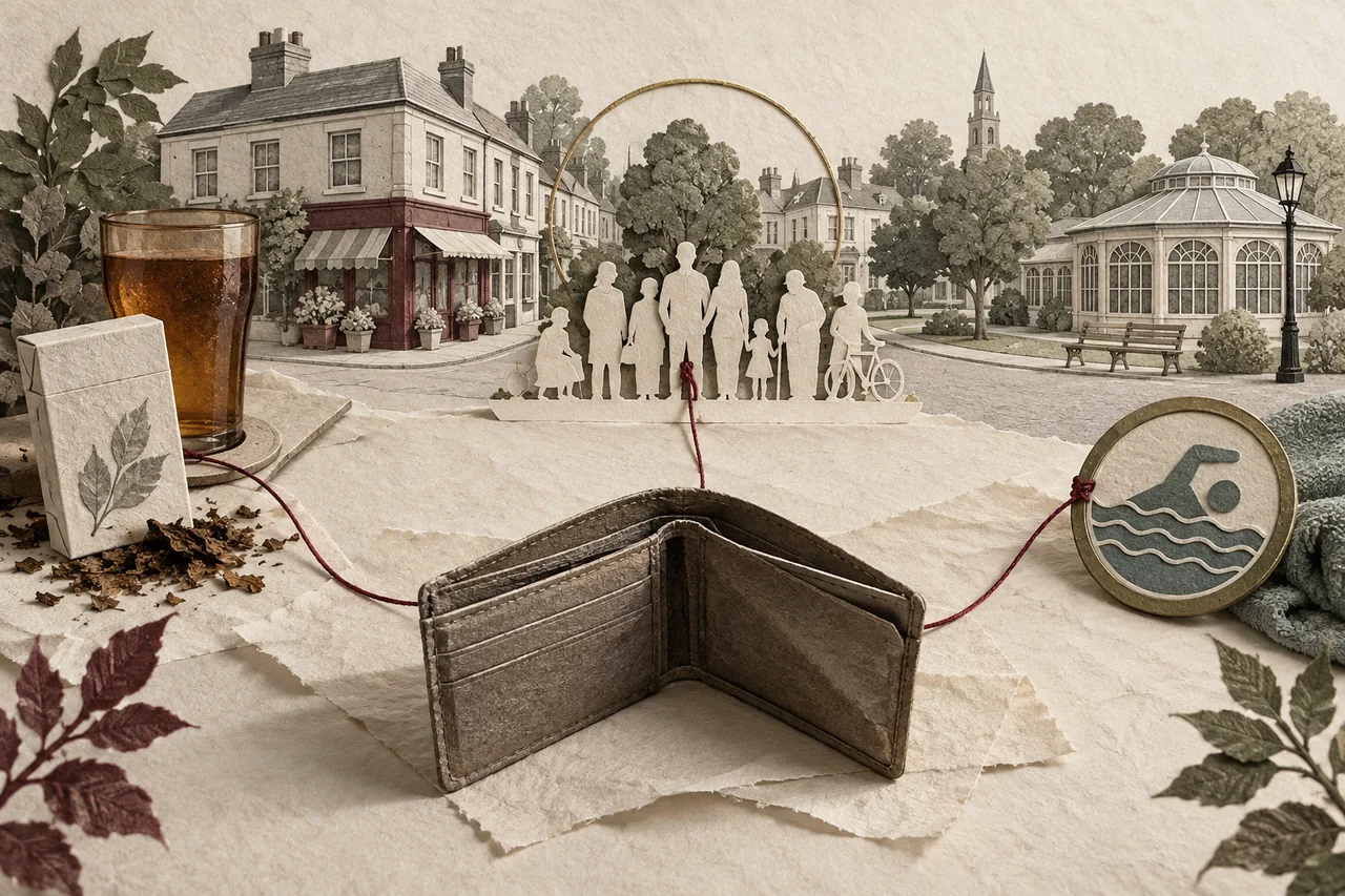 Layered paper streetscape, wallet and consumption symbols explore household income and community welfare.