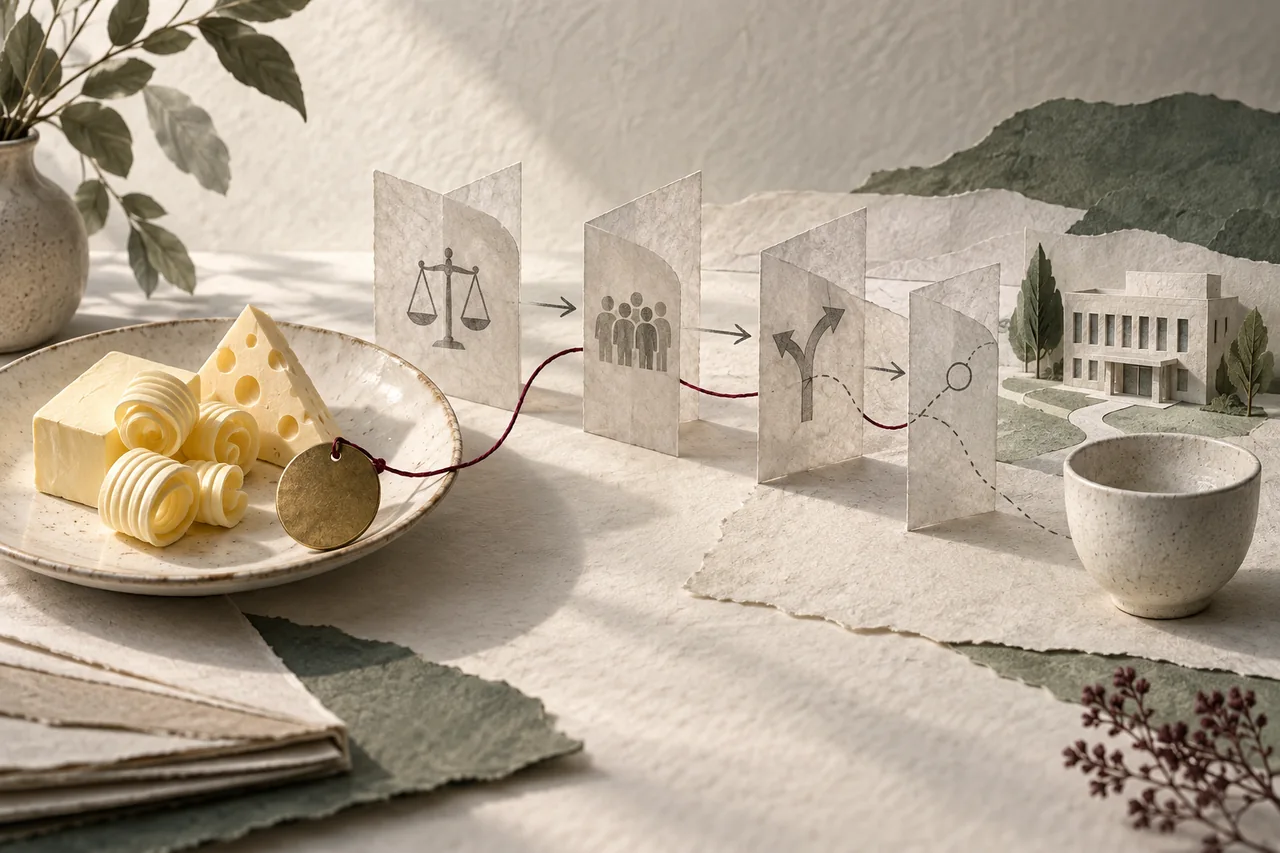 Paper food forms connect through translucent policy layers to an abstract healthcare building.