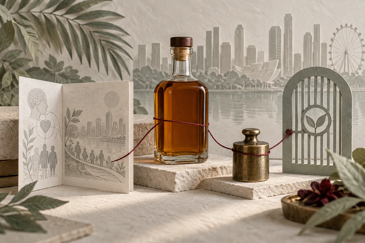 An unlabelled bottle sits among paper information, taxation and regulation symbols.