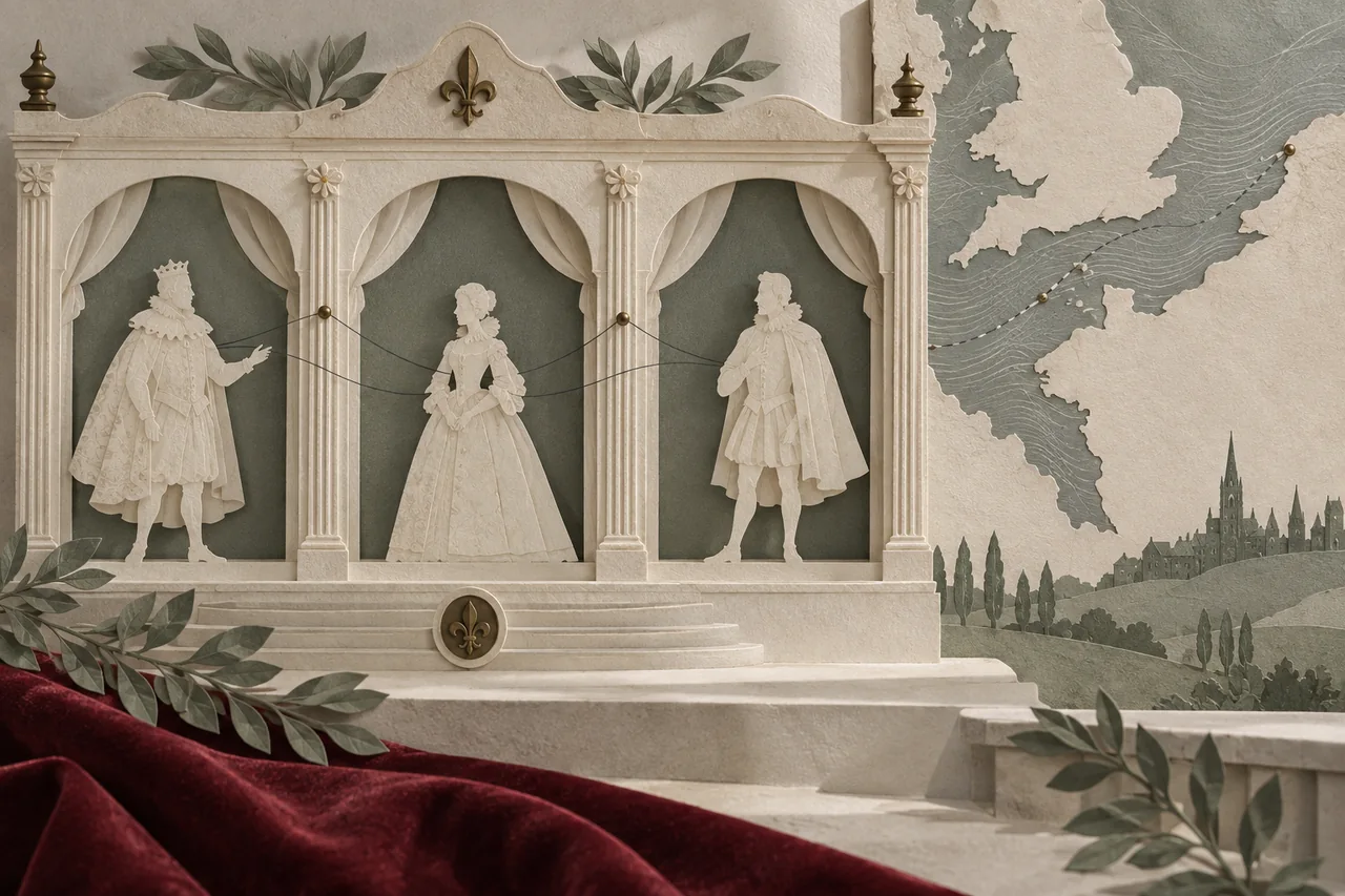 Three paper Elizabethan figures in a miniature theatre beside a stylized English Channel map.