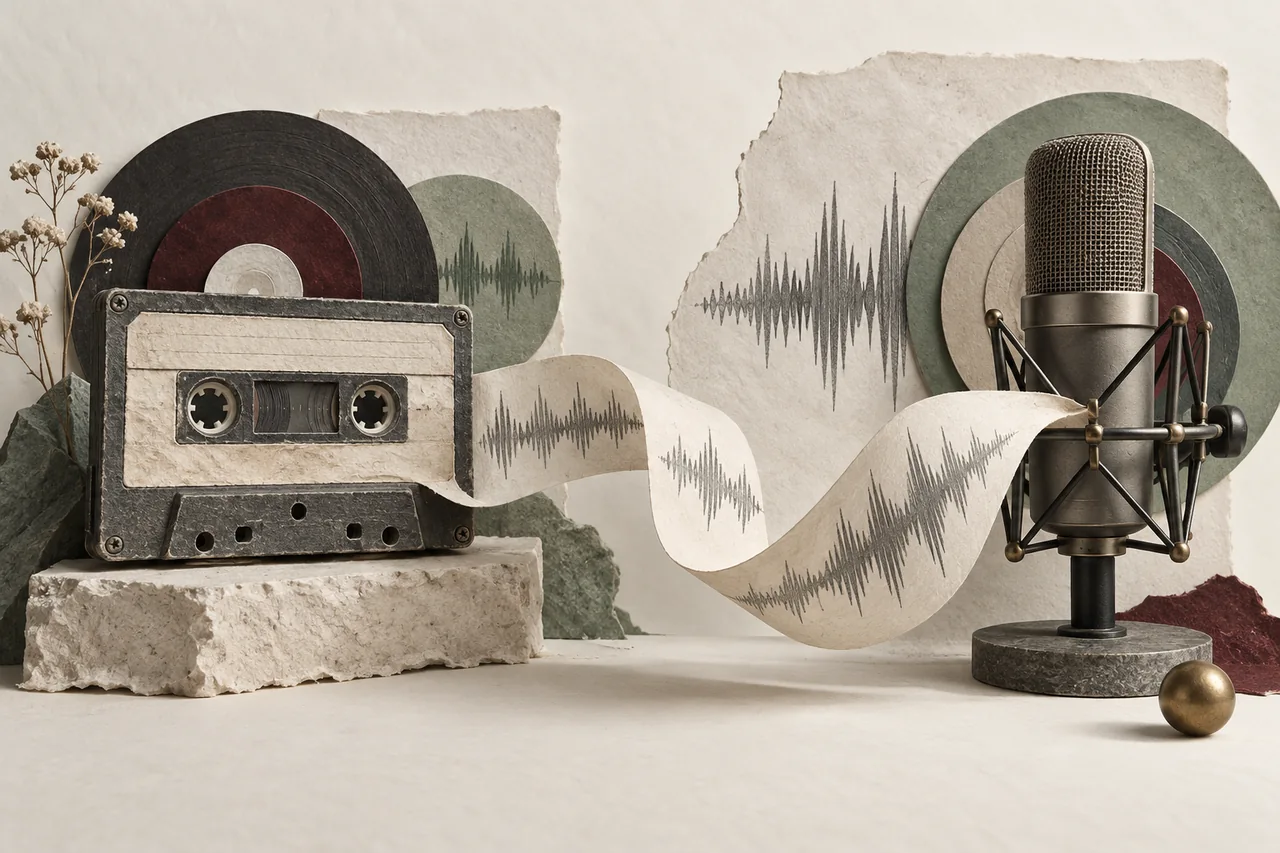 A blank cassette and studio microphone linked by a curling paper ribbon of graphite sound waves.