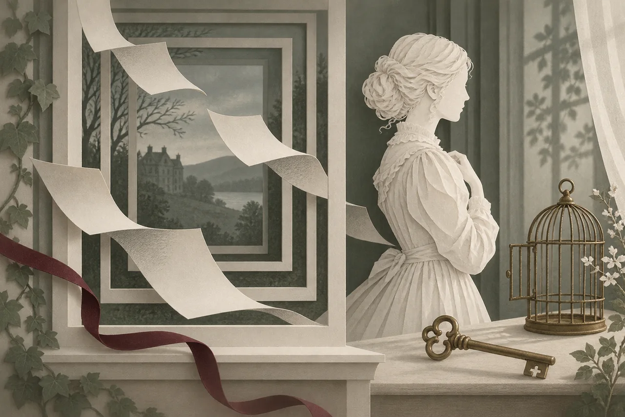 A Victorian paper silhouette steps beyond layered window frames beside a brass key and an open birdcage.