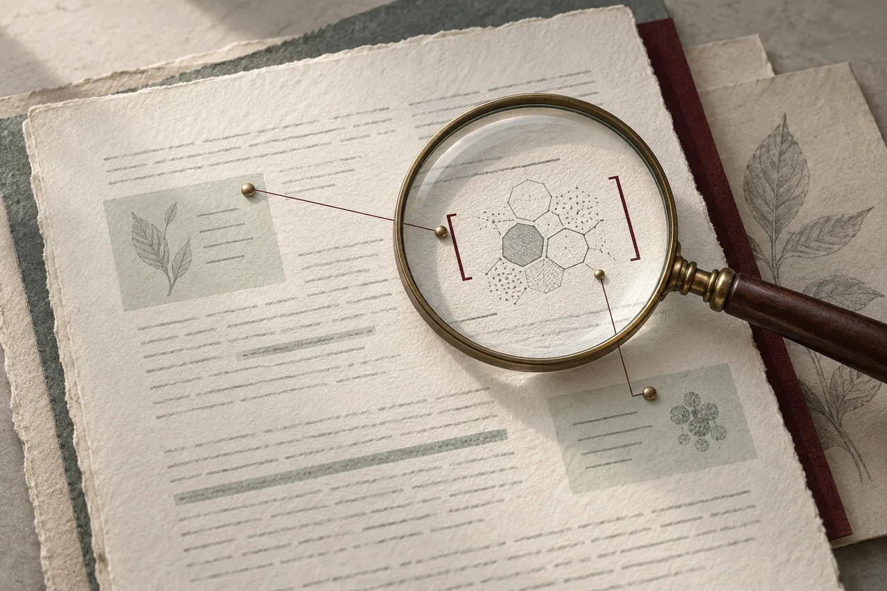 A brass magnifier links manuscript evidence to translucent annotation layers.