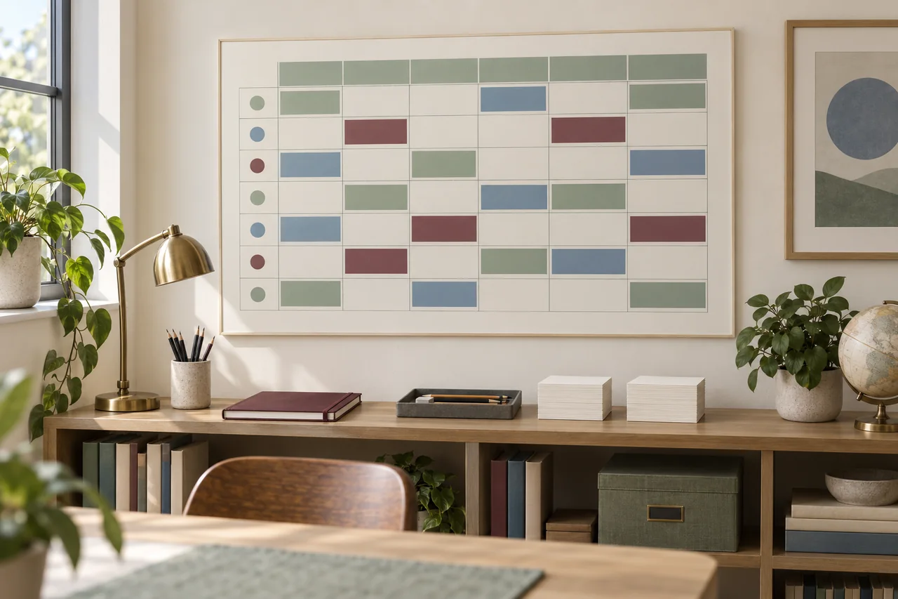 A wall calendar and study materials for a workable revision schedule.