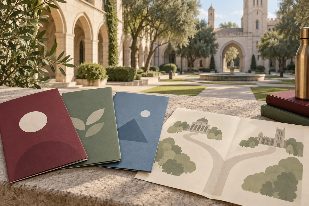 A university courtyard and a notebook for comparing course choices.