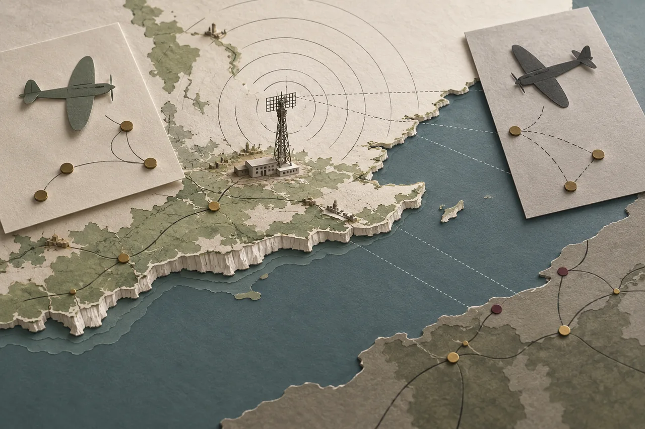 A paper relief coastline with radar arcs, unmarked aircraft silhouettes and linked evidence tokens.