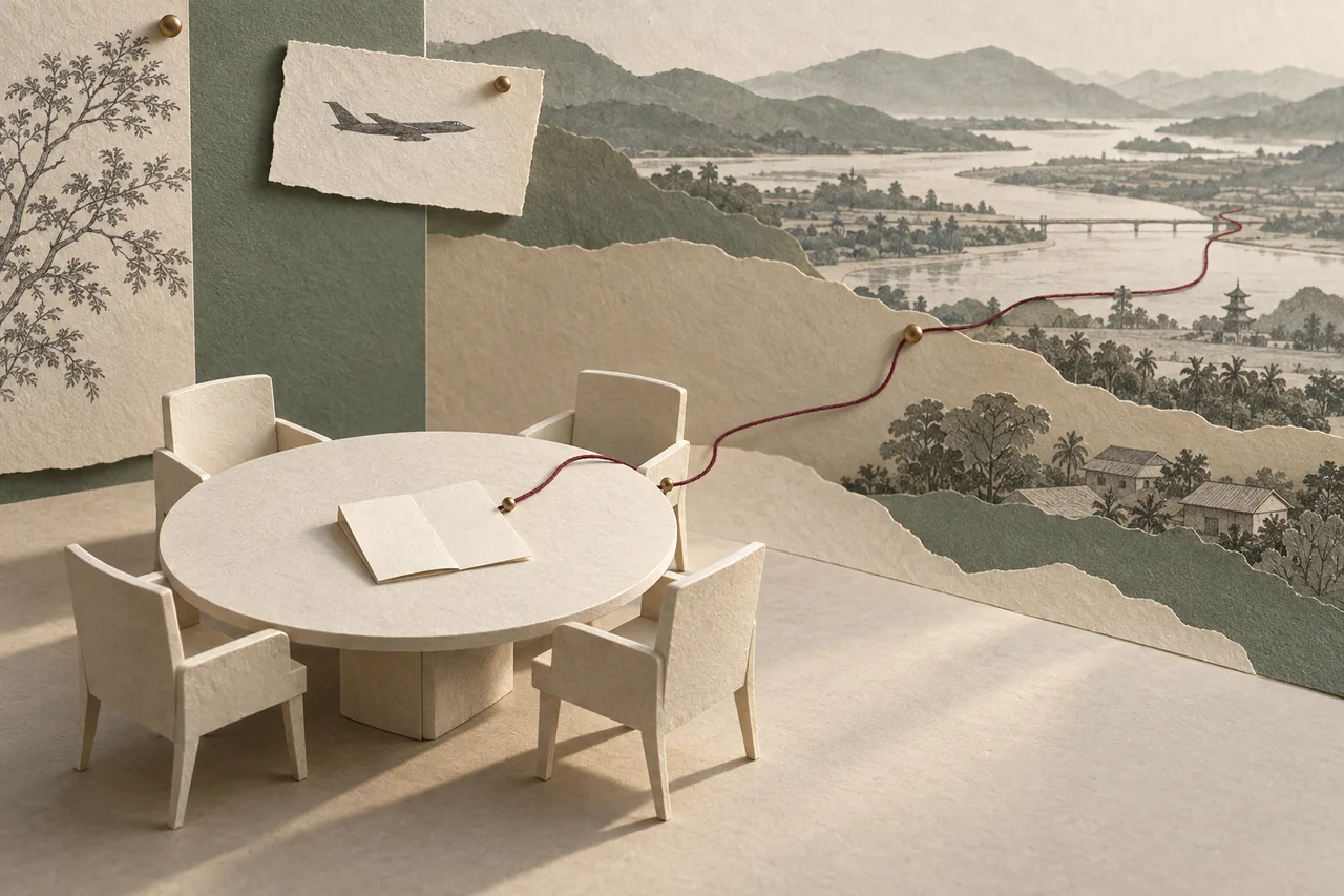 An empty paper negotiation table sits before a layered Vietnamese landscape connected by a burgundy thread.