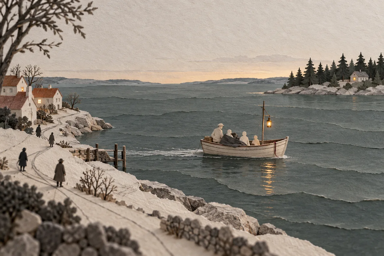 A small fishing boat carries paper silhouettes across a calm strait toward a sheltered shore.
