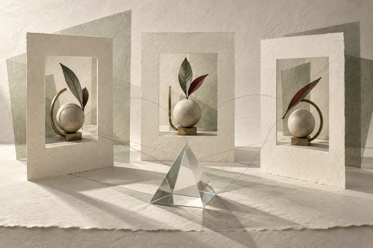 A prism and paper observation windows reveal different views of one small object.
