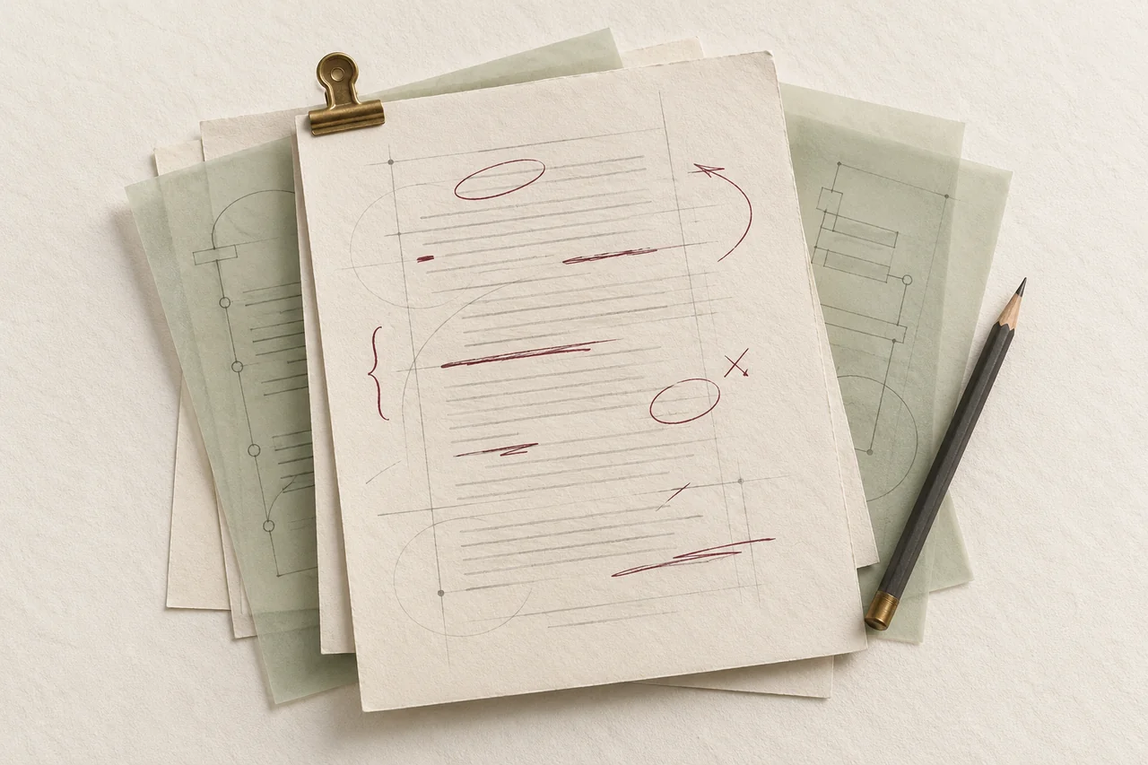 Layered manuscript pages with burgundy revision marks, translucent sage outlines, a brass clip and a graphite pencil.