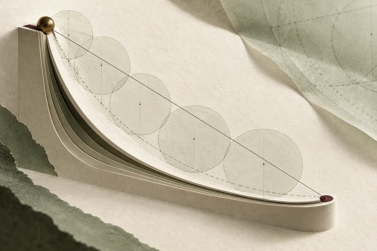 A brass bead above a curved paper descent track beside a straight comparison path.