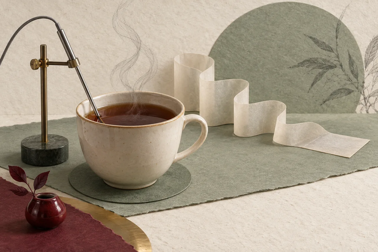 A temperature probe measures a warm cup of tea beside a gently flattening translucent paper ribbon.