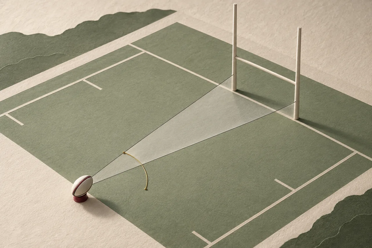A rugby ball faces paper goalposts, with fine sightlines outlining the angle between the uprights.