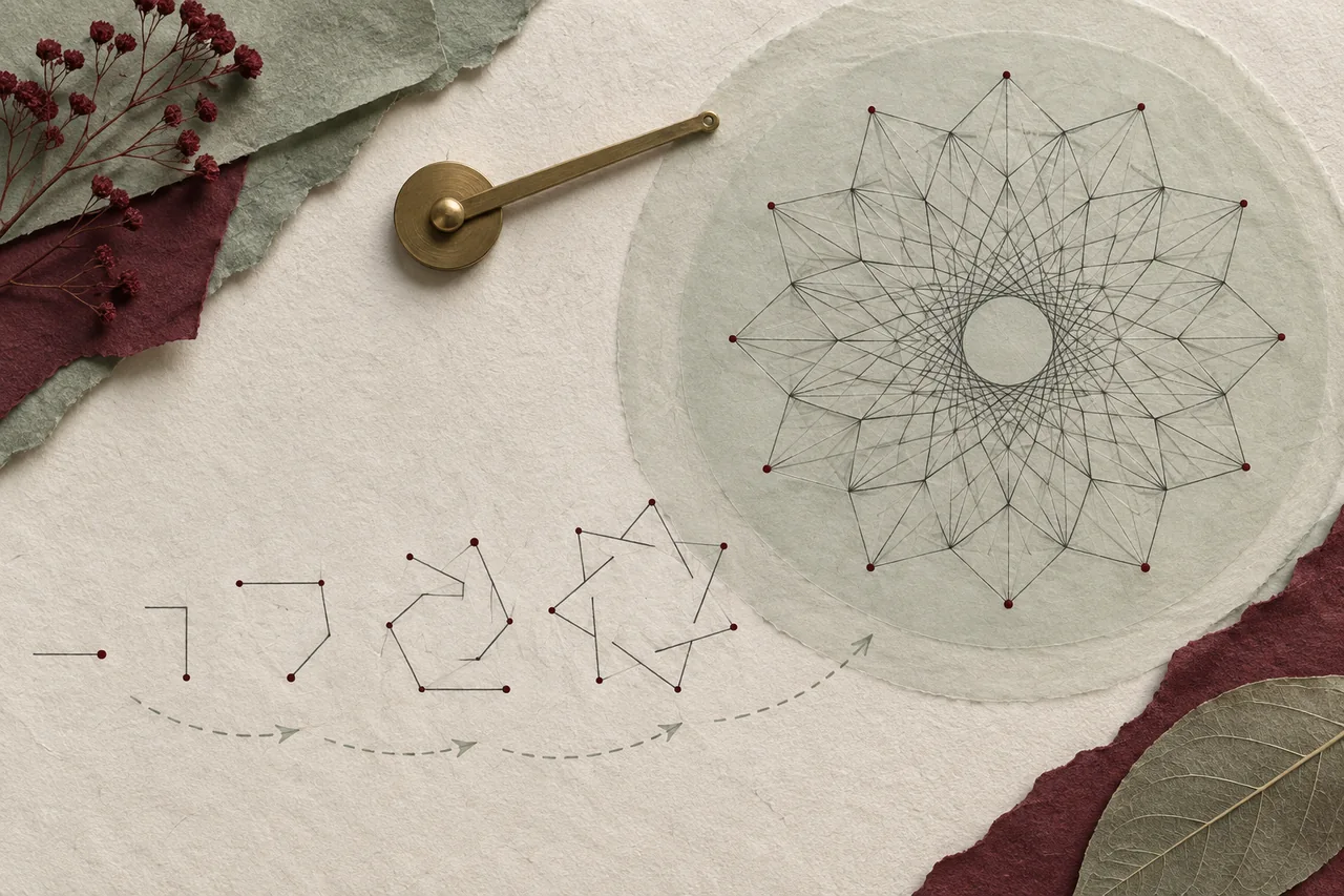 Repeated angular paths develop into an intricate graphite rosette on translucent sage paper.