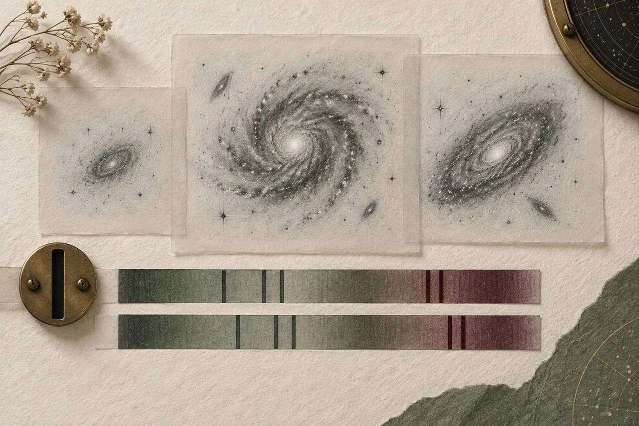 Graphite spiral galaxies sit above paired spectral strips with subtly shifted dark lines.