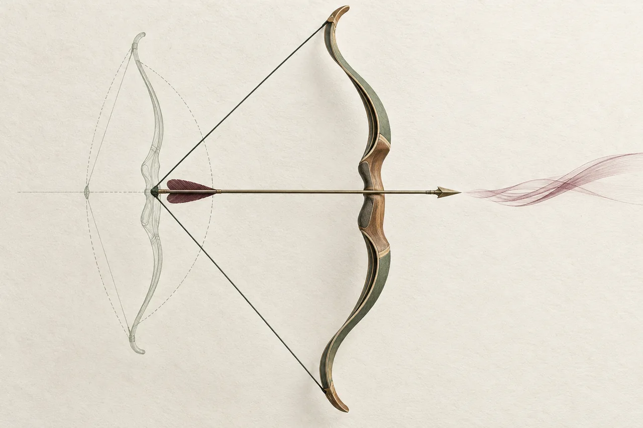 A drawn recurve bow and nocked arrow overlap a faint outline of the bow at rest.