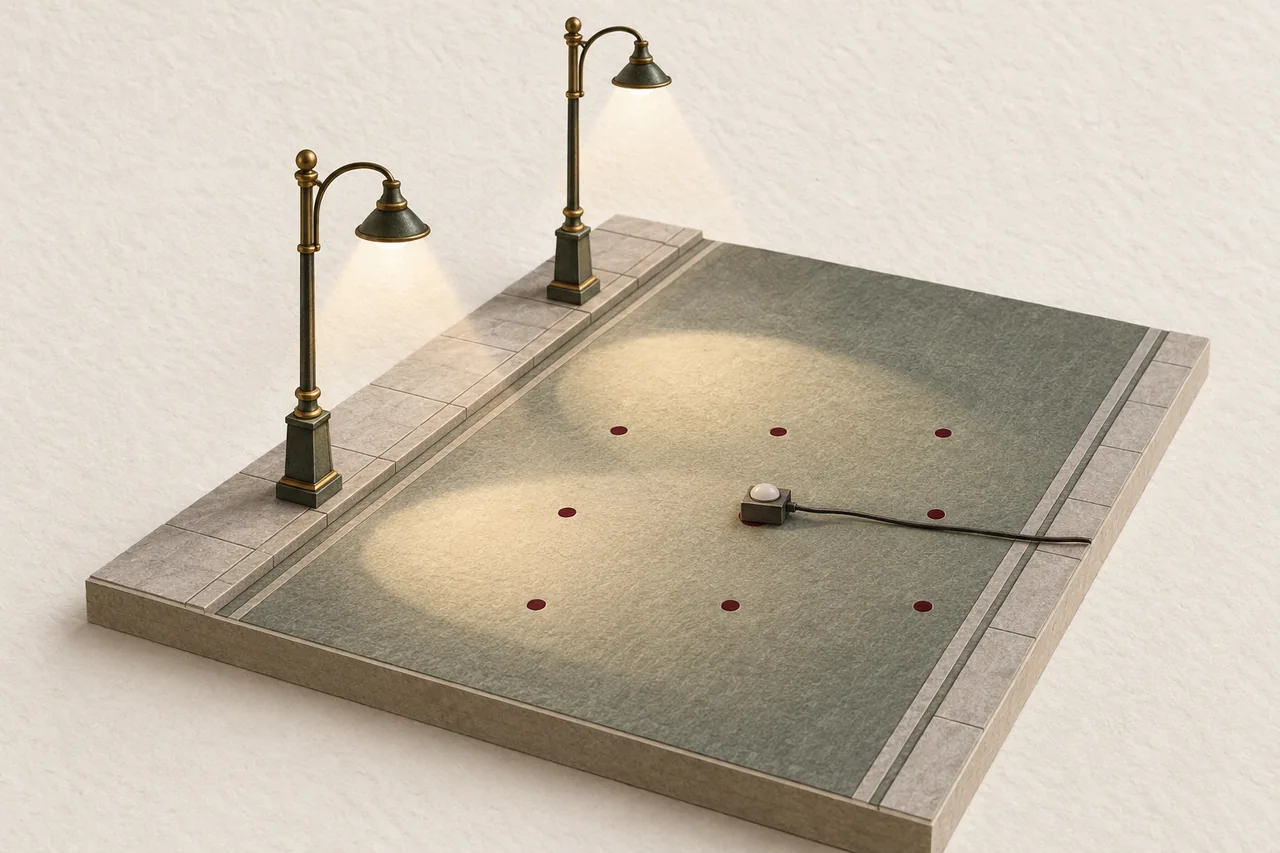 Two miniature street lamps illuminate a paper roadway marked with nine measurement positions.