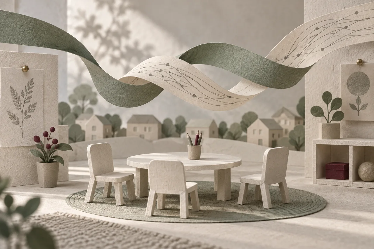 Interwoven paper language pathways float above a small classroom and a supportive community of paper houses.