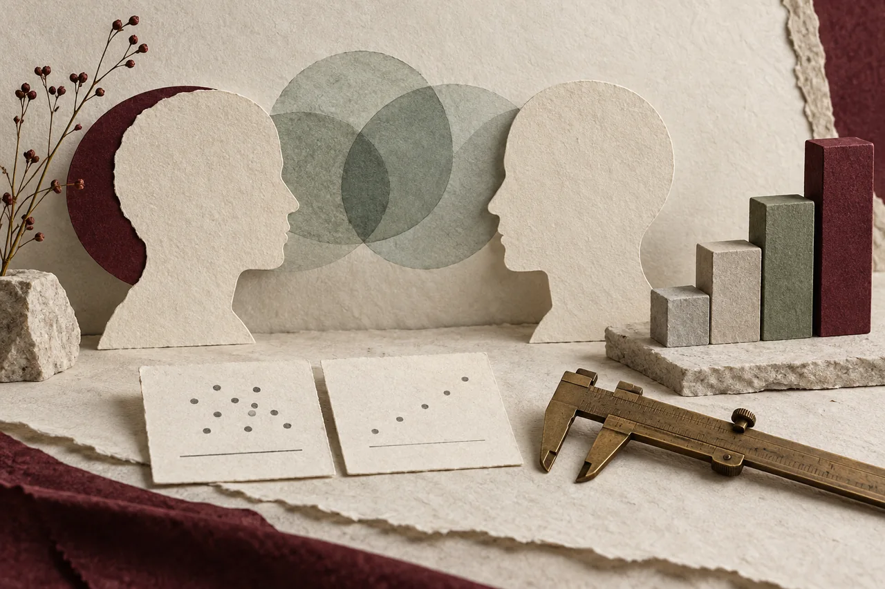Two paper profiles share overlapping translucent circles beside a brass caliper and unlabelled evidence cards.