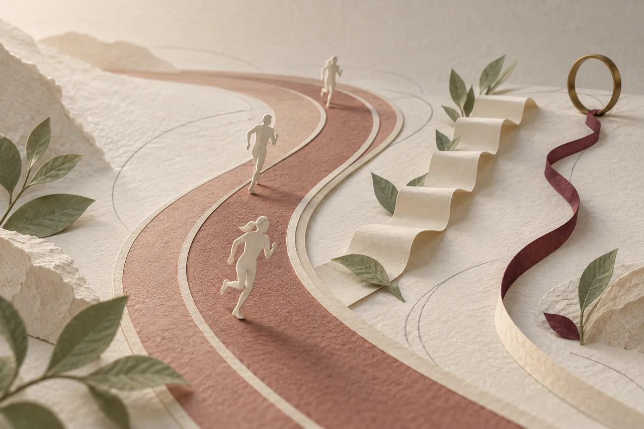 Paper athletes move along a curved track beside a stepped learning ribbon and a brass goal ring.