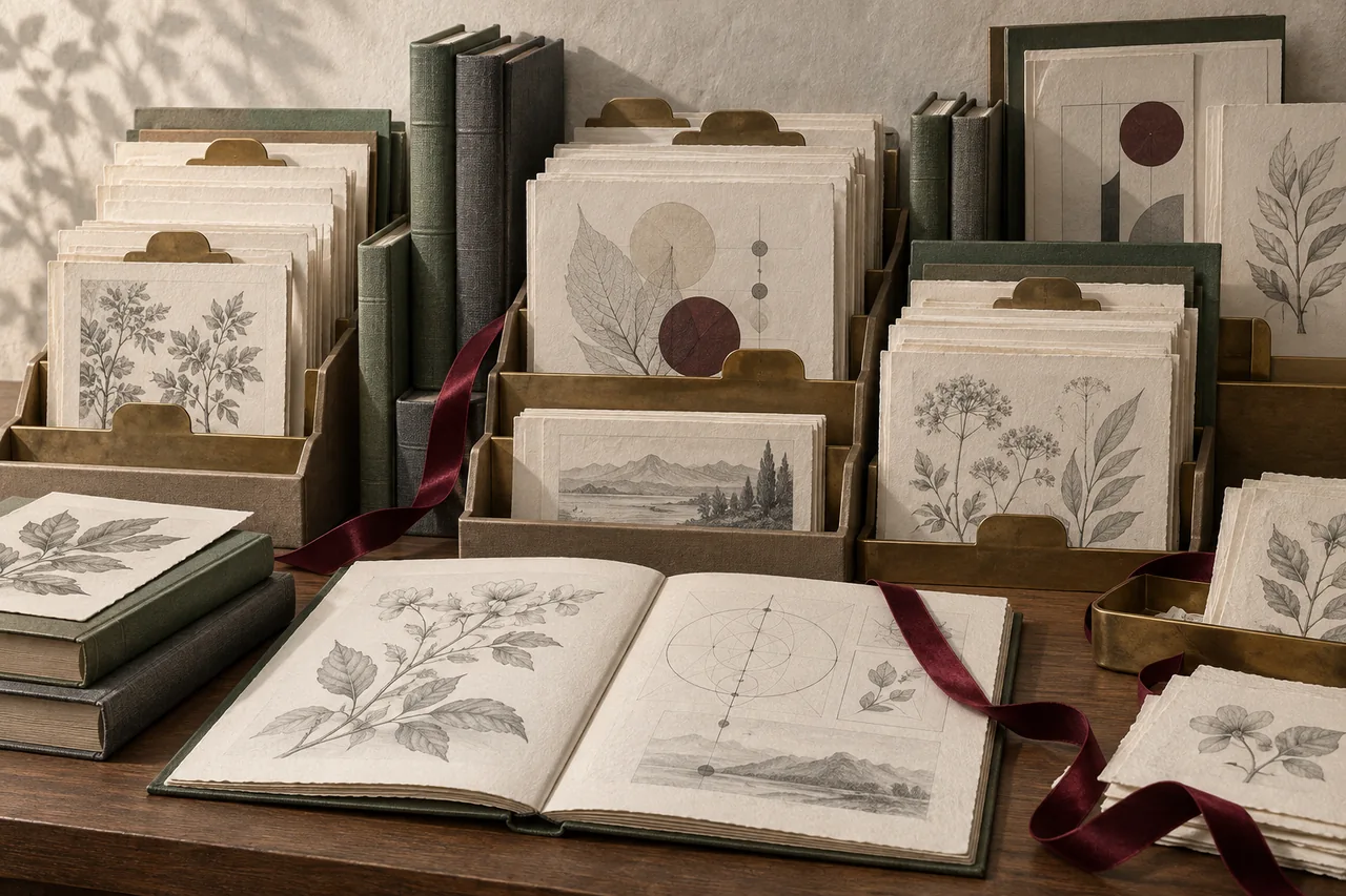 Layered scholarly papers, index tabs and clothbound volumes form an ordered reading archive.