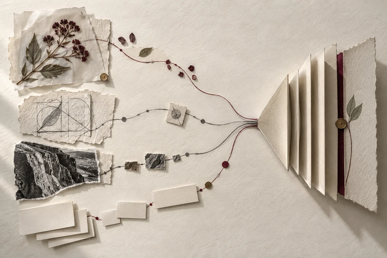 Distinct evidence fragments follow fine lines into one coherent paper argument pathway.
