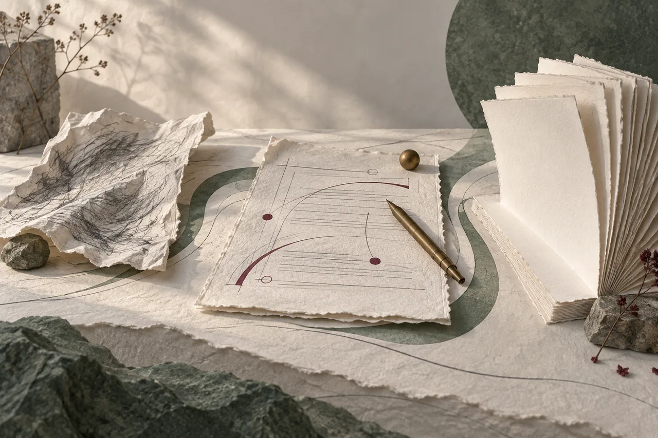 A rough sheet, annotated draft and refined blank pages follow a curved paper path.