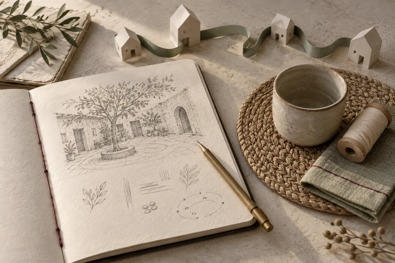 A field notebook with a courtyard sketch rests beside everyday objects and connected paper houses.