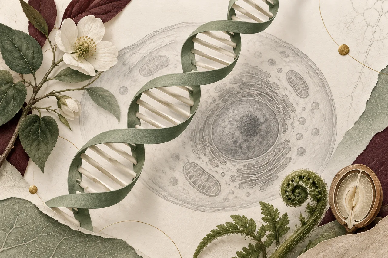 A paper double helix rises above cell-like contours and an unfurling fern.