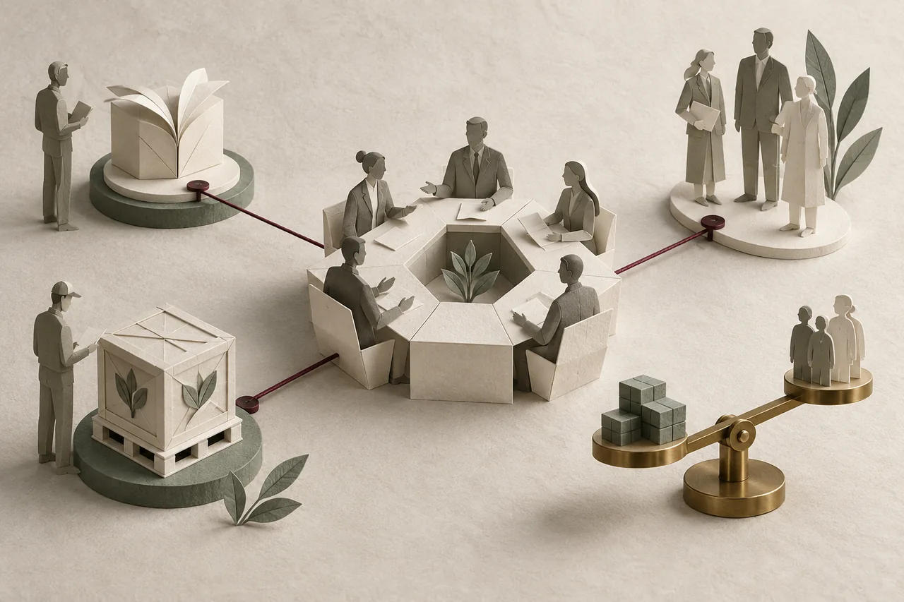Folded paper structures connect products, resources and stakeholders around a decision space.