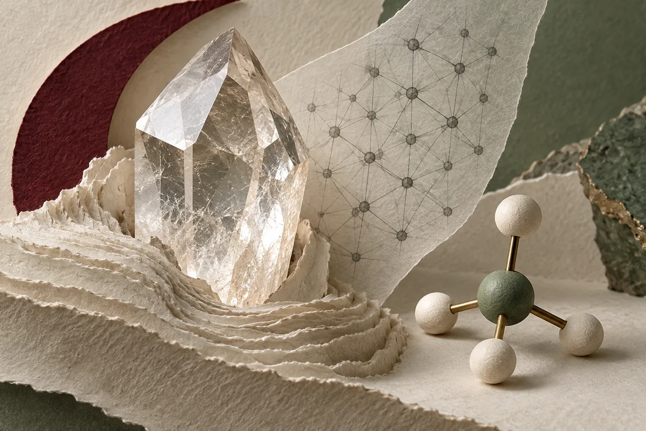 A clear faceted crystal sits beside a tetrahedral molecular model and fine lattice-like drawings.
